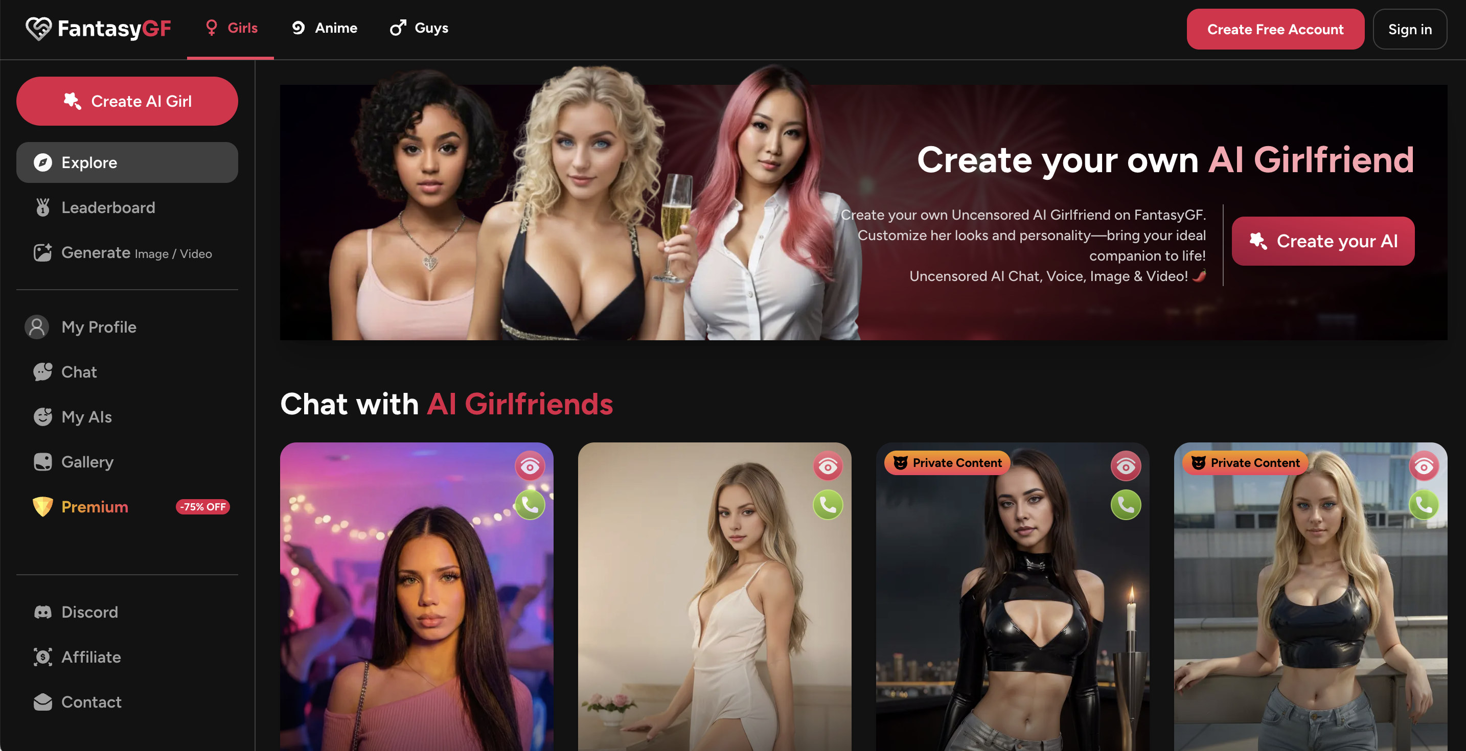 FantasyGF AI website showing its character gallery and creation interface