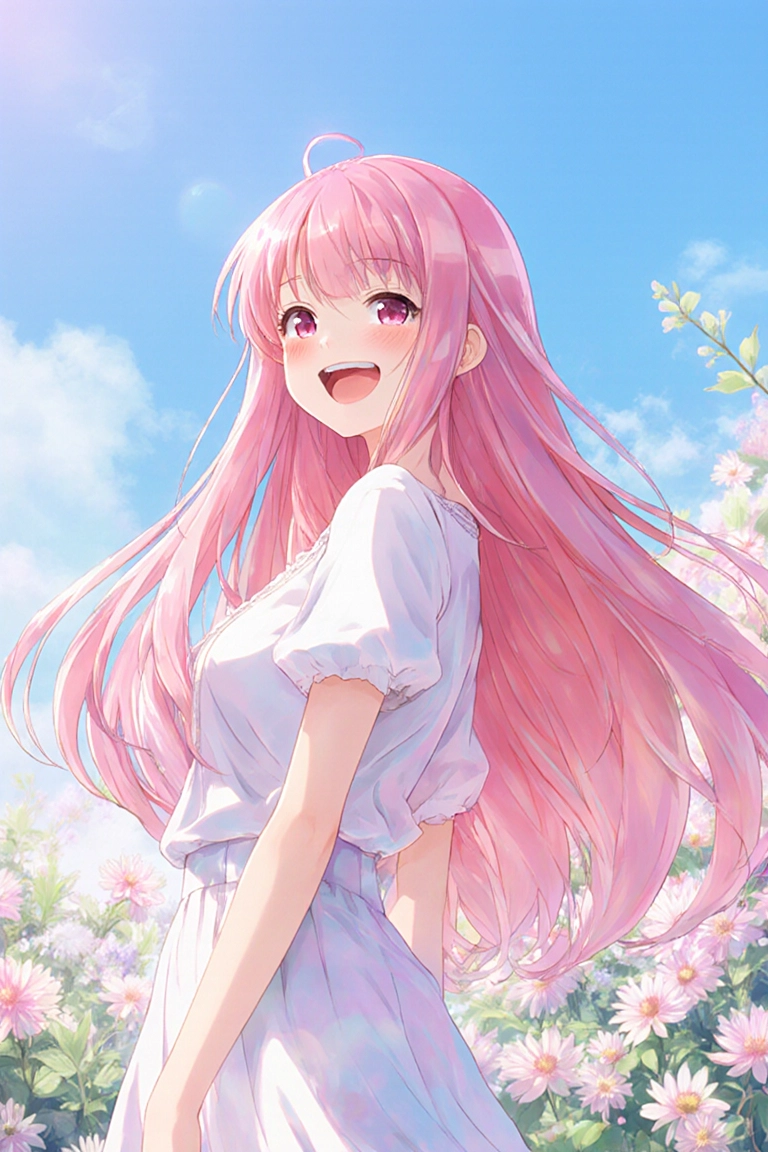 Anime-style character with long pink hair in a flower field