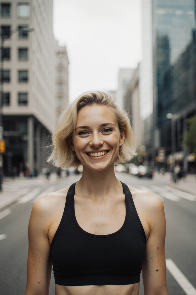 Smiling blonde character portrait in a city setting
