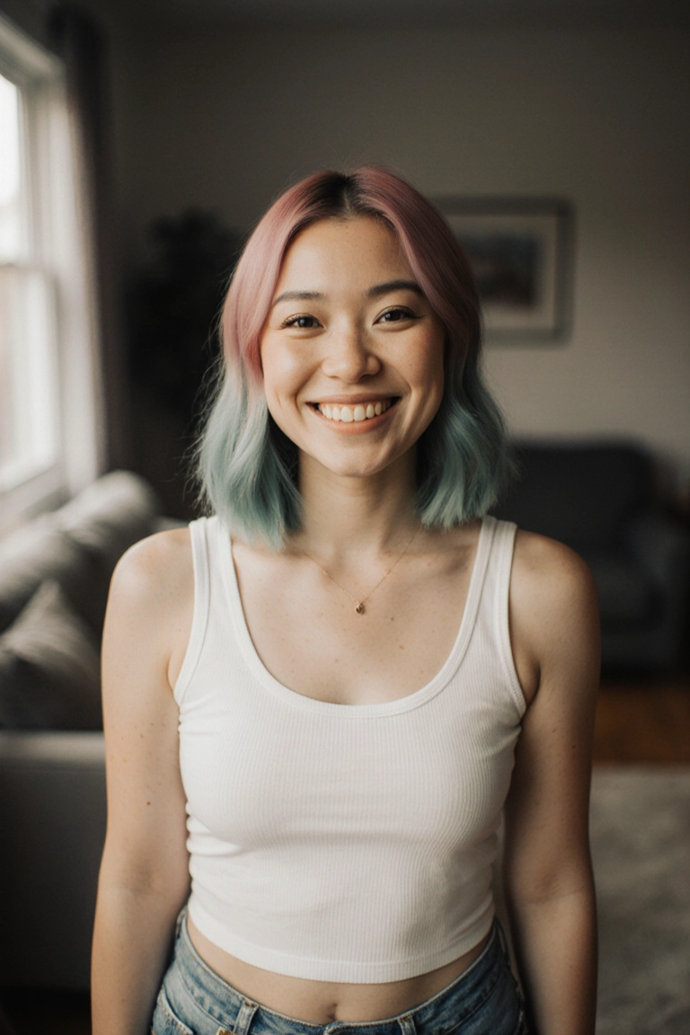 Smiling character with pink and teal hair indoors