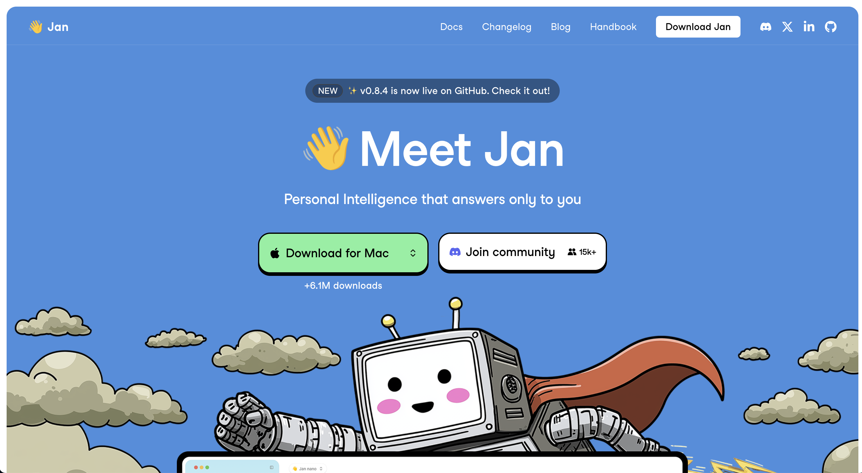 Jan AI official website showing the desktop download, community, documentation, and local-first product message