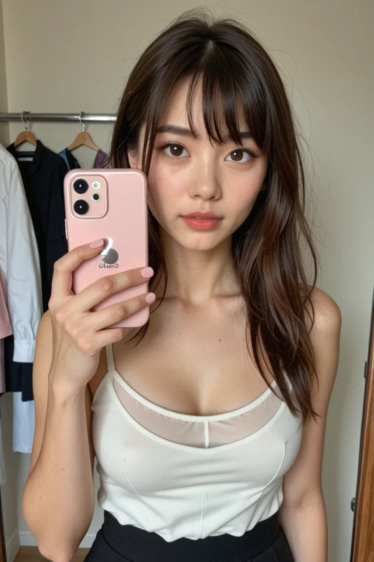 Realistic brunette Nastia AI character taking a mirror selfie
