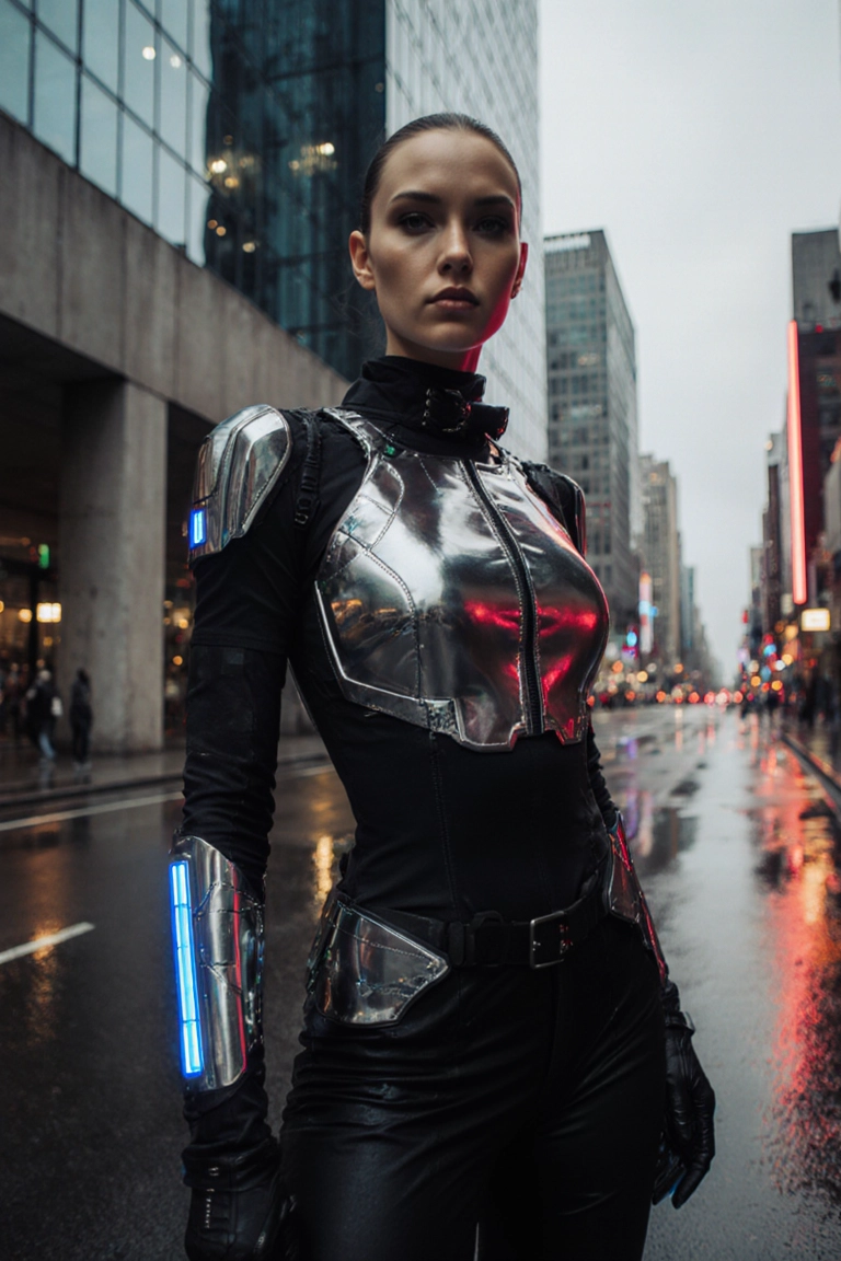 Futuristic Nastia AI character in a cyberpunk city