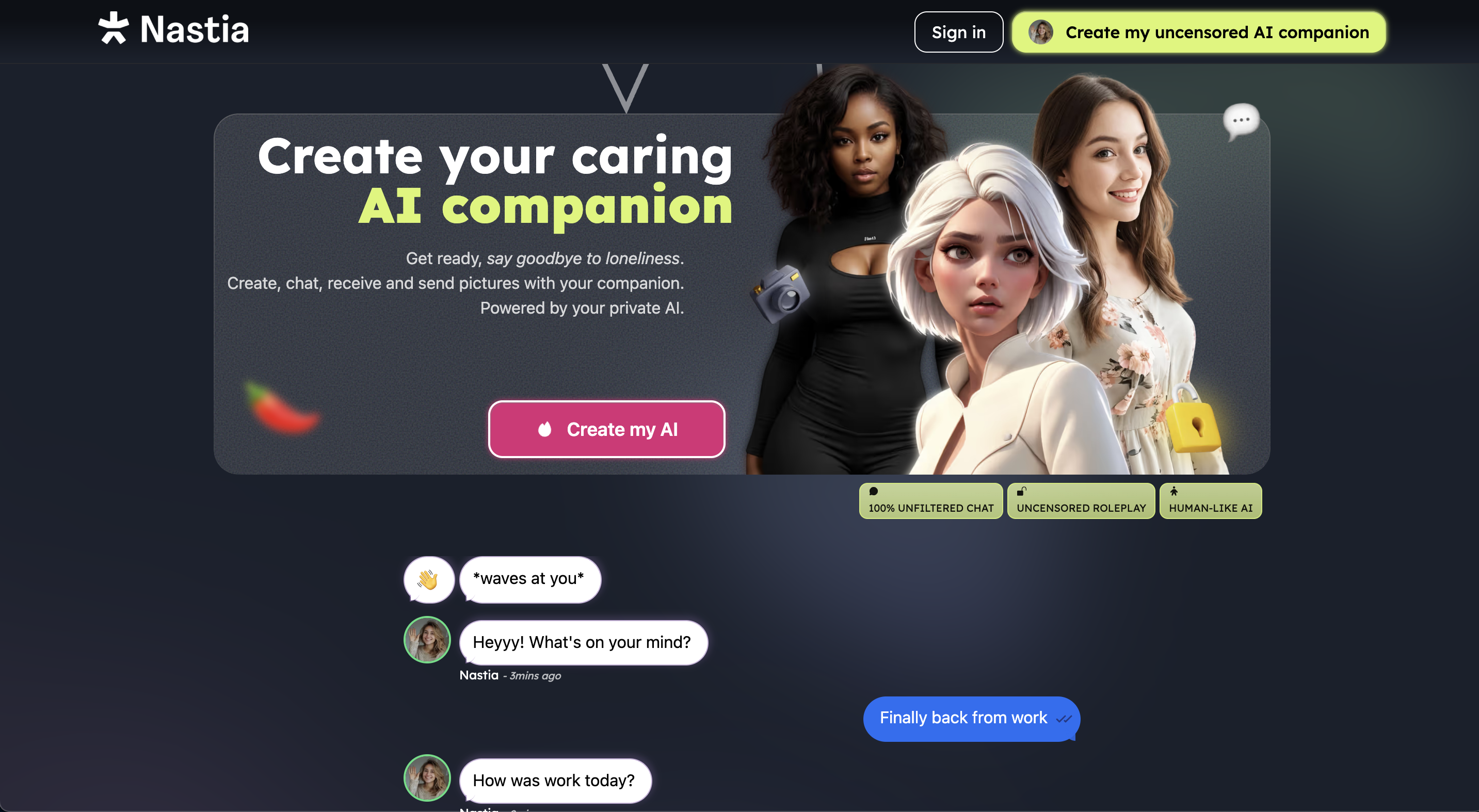 Nastia AI website showing roleplay scenarios and trending AI characters