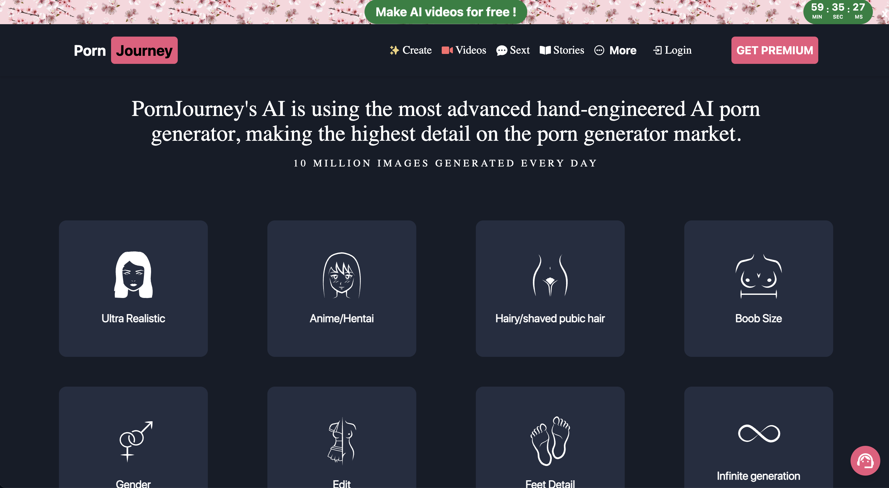 PornJourney AI website showing its adult character generator features and premium navigation